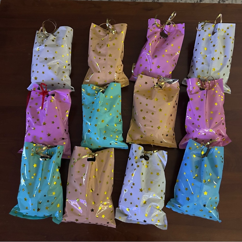 Colorful Mystery Jewelry Bags filled with assorted costume jewelry items.